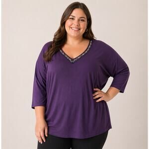 Lane Bryant double V-neck v-back purple bejeweled neckline top plus size 26/ 28